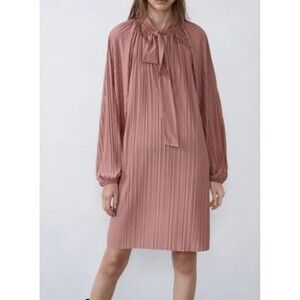 Zara Tie-Neck Pleated Shift Dress Size S